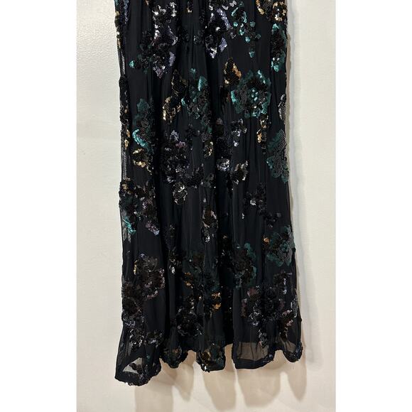 Betsy & Adam Black Floral Sequin Full Length Gown Size 4 NWT Teal Silver Roses - Picture 12 of 14